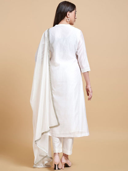 Dhiyona IS Women's Floral Embroidered A-Line Chanderi Silk Kurta with Trousers & Dupatta