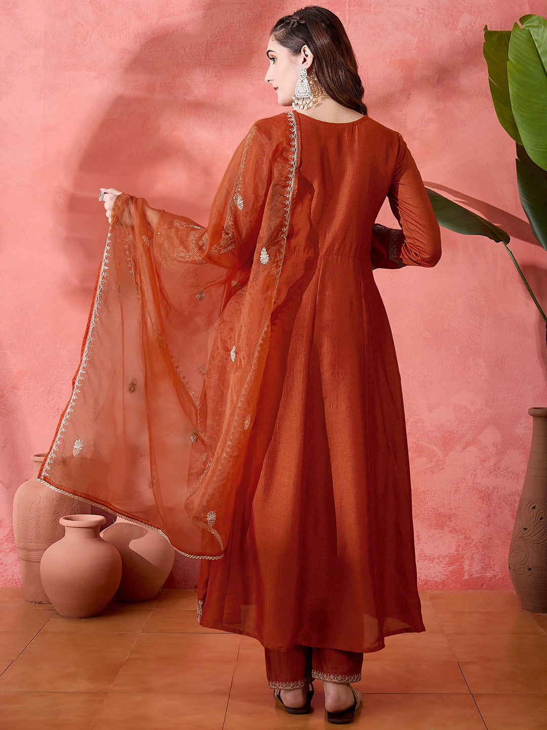 Orange Floral Embroidered Panelled Zari A-Line Kurta With Trousers And Dupatta