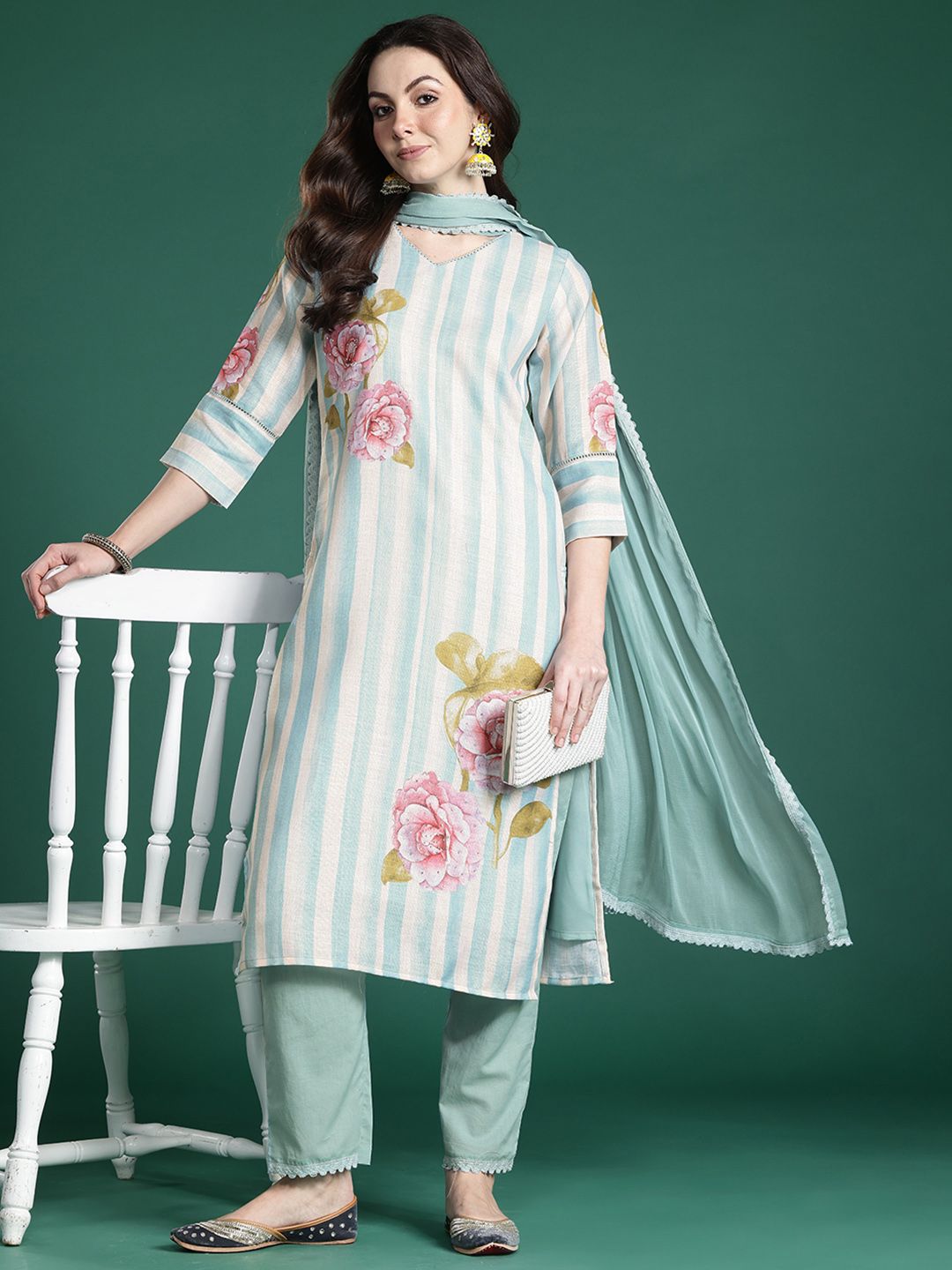 Dhiyona IE Floral Printed Beads and Stones Linen Kurta with Trousers & With Dupatta