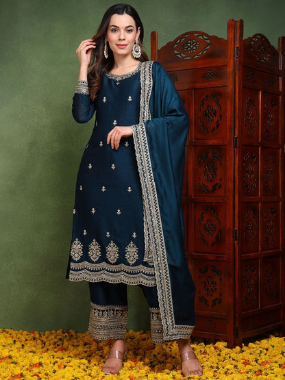 Dhiyona KL Ethnic Motifs Embroidered Thread Work Straight Kurta with Palazzos & Dupatta