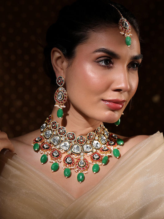 Dhiyona RJ Women's 22K Gold-Plated Kundan Ruby & Green Beaded Bridal Choker Necklace Set