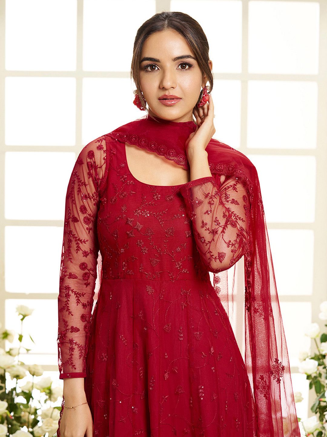 Dhiyona IN Floral Embroidered Round Neck Sequinned Anarkali Kurta With Palazzos & Dupatta