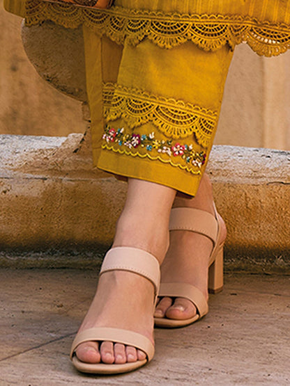 Striped Thread Work Pure Cotton Bell Sleeves Straight Kurta & Trousers & Dupatta