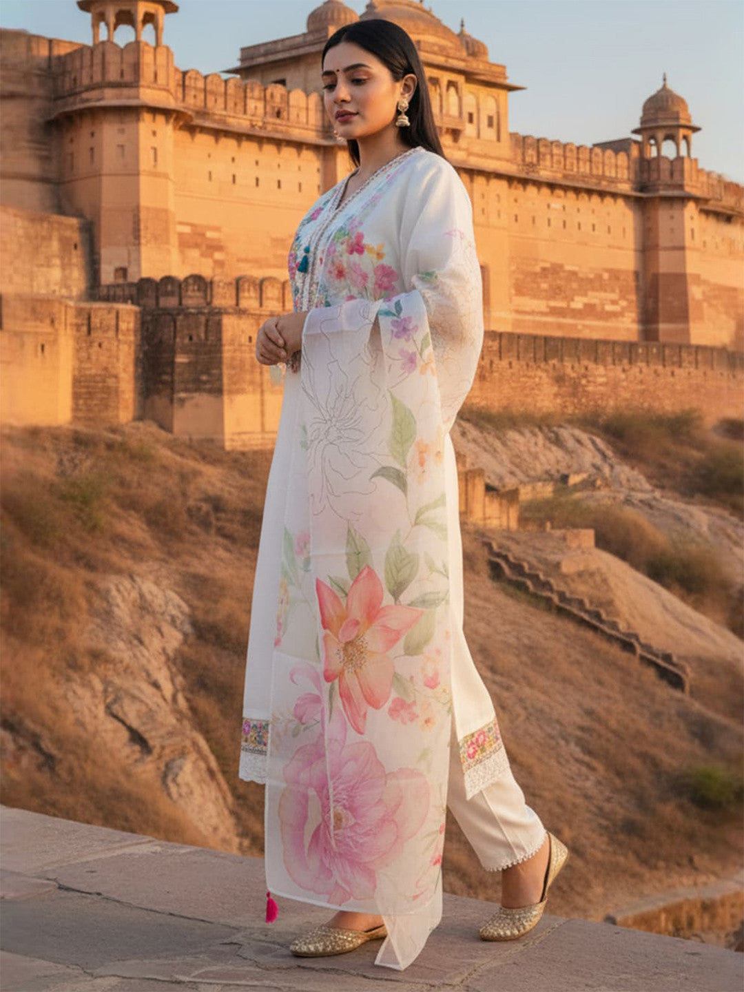 Women Floral Embroidered Regular Thread Work Kurta & Trousers With Dupatta