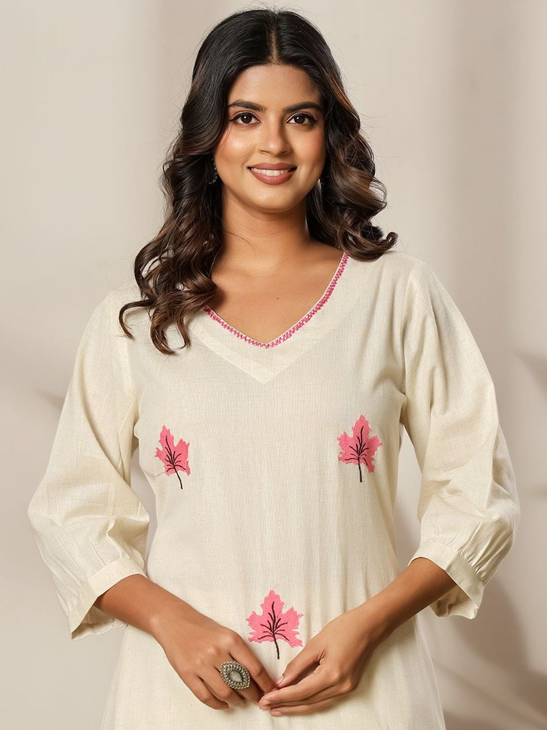 Embroidered V-Neck Kurta & Trousers