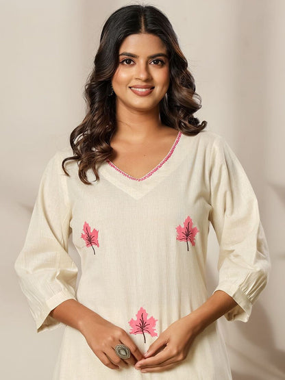 Embroidered V-Neck Kurta & Trousers