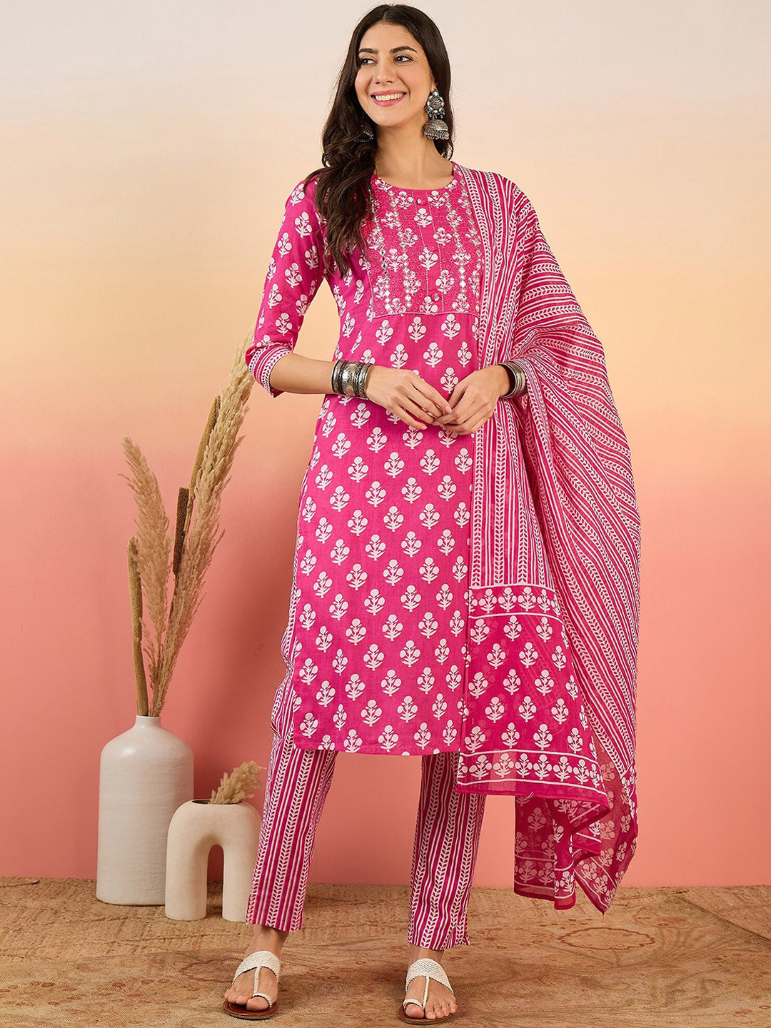 Floral Printed Mirror Work Pure Cotton Kurta with Trousers & Dupatta