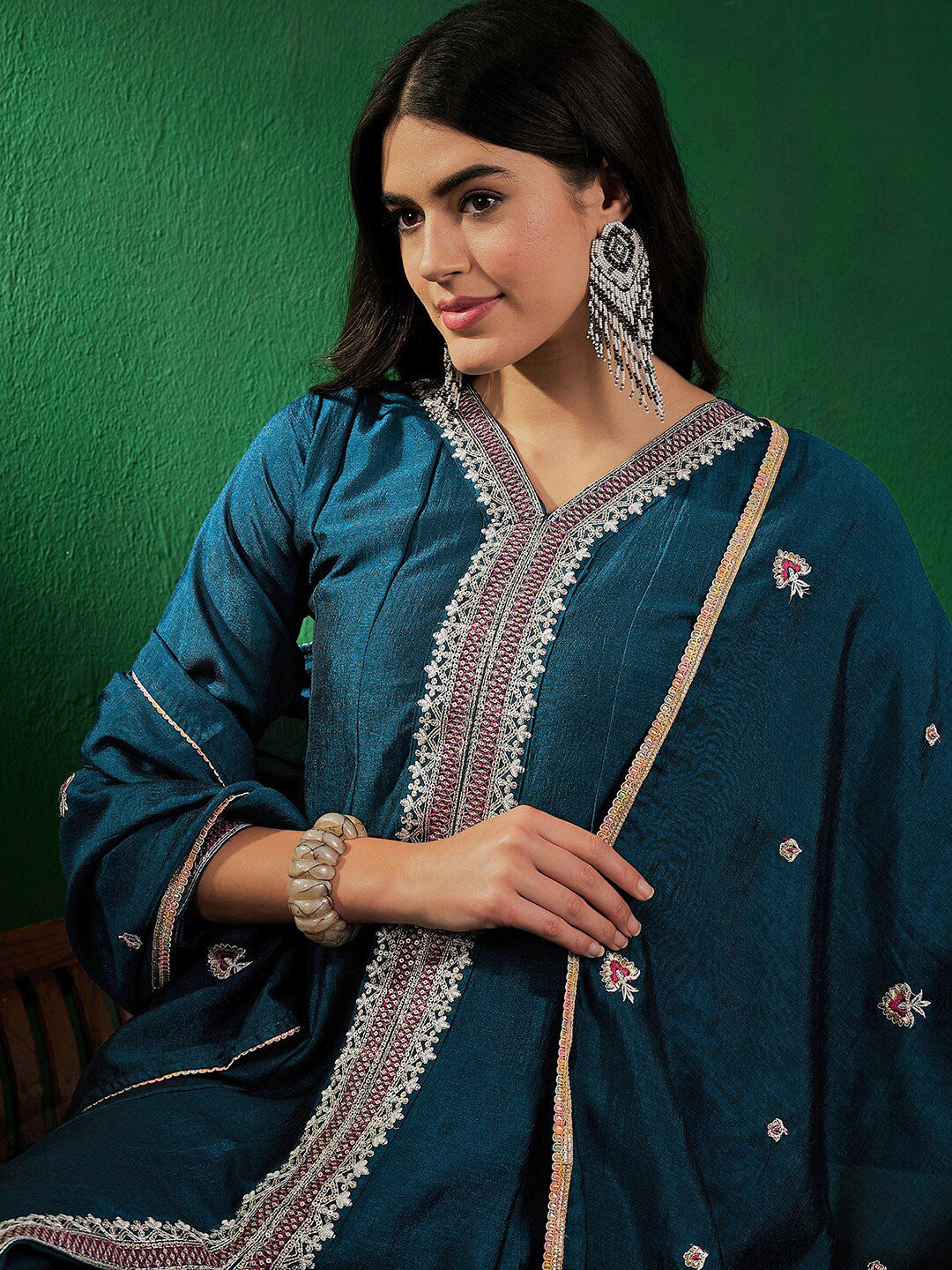 Alina Cut Ethnic Motifs Embroidered Regular Kurta With Trousers & With Dupatta