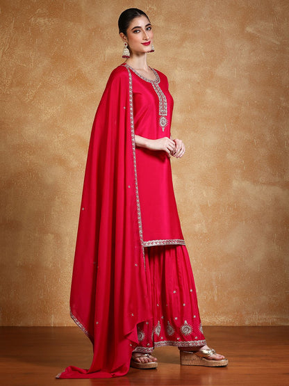 Dhiyona VA Women Floral Embroidered Kurta with Sharara & Dupatta