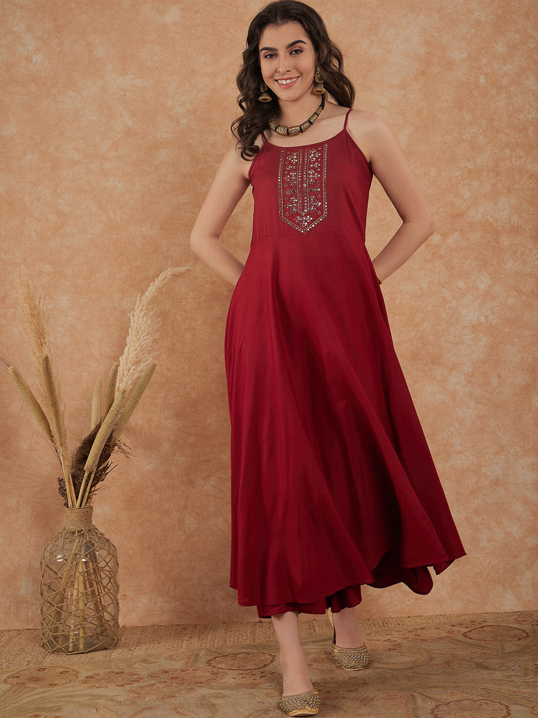 Maroon Geometric Yoke Design Shoulder Straps Mirror Work A-Line Kurta With Palazzo