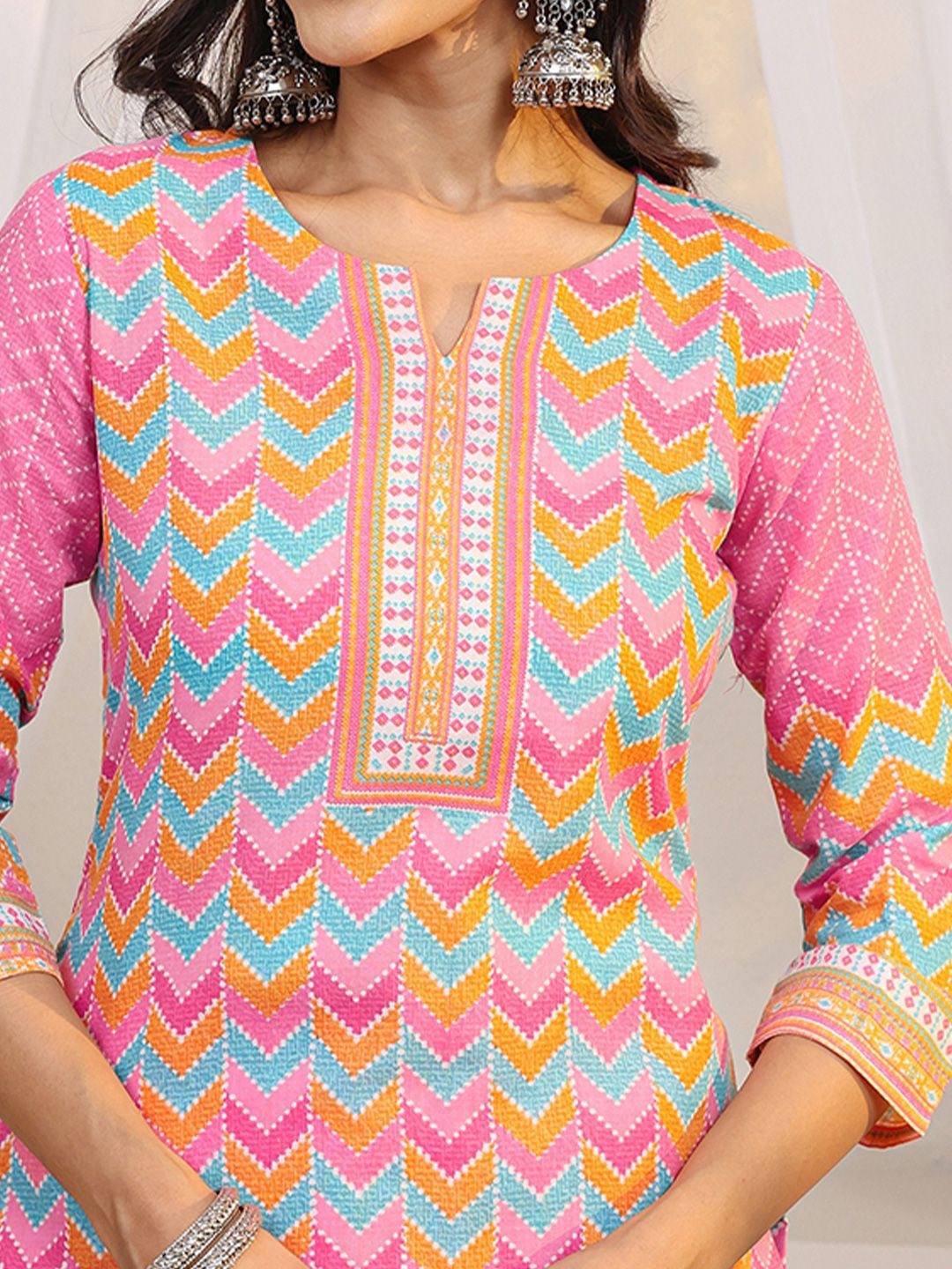 Libas Pink Chevron Printed Straight Suit Set with Dupatta