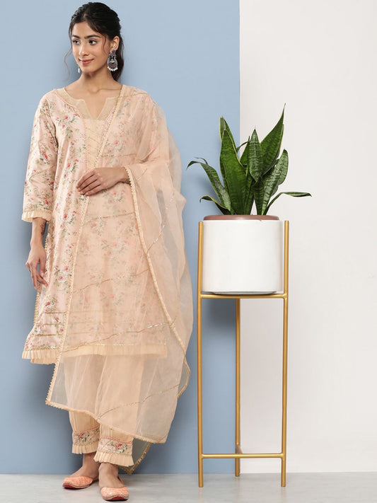 Dhiyona KL Floral Printed Gotta Patti V-Neck Straight Kurta With Trousers & Dupatta