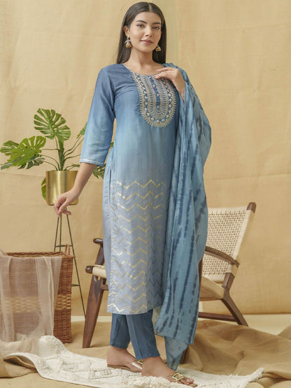 Dhiyona IS Women's Embroidered Round Neck Three-Quarter Sleeves Thread Work Linen Kurta Set