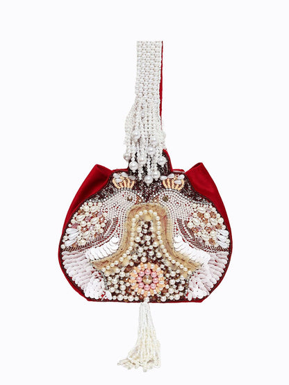 Dhiyona NR Maroon & Off White Embroidered Embroidered Potli Clutch