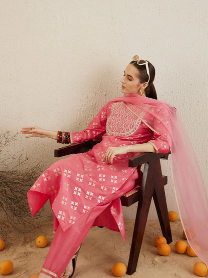 Printed Regular Kurta with Trousers & Dupatta