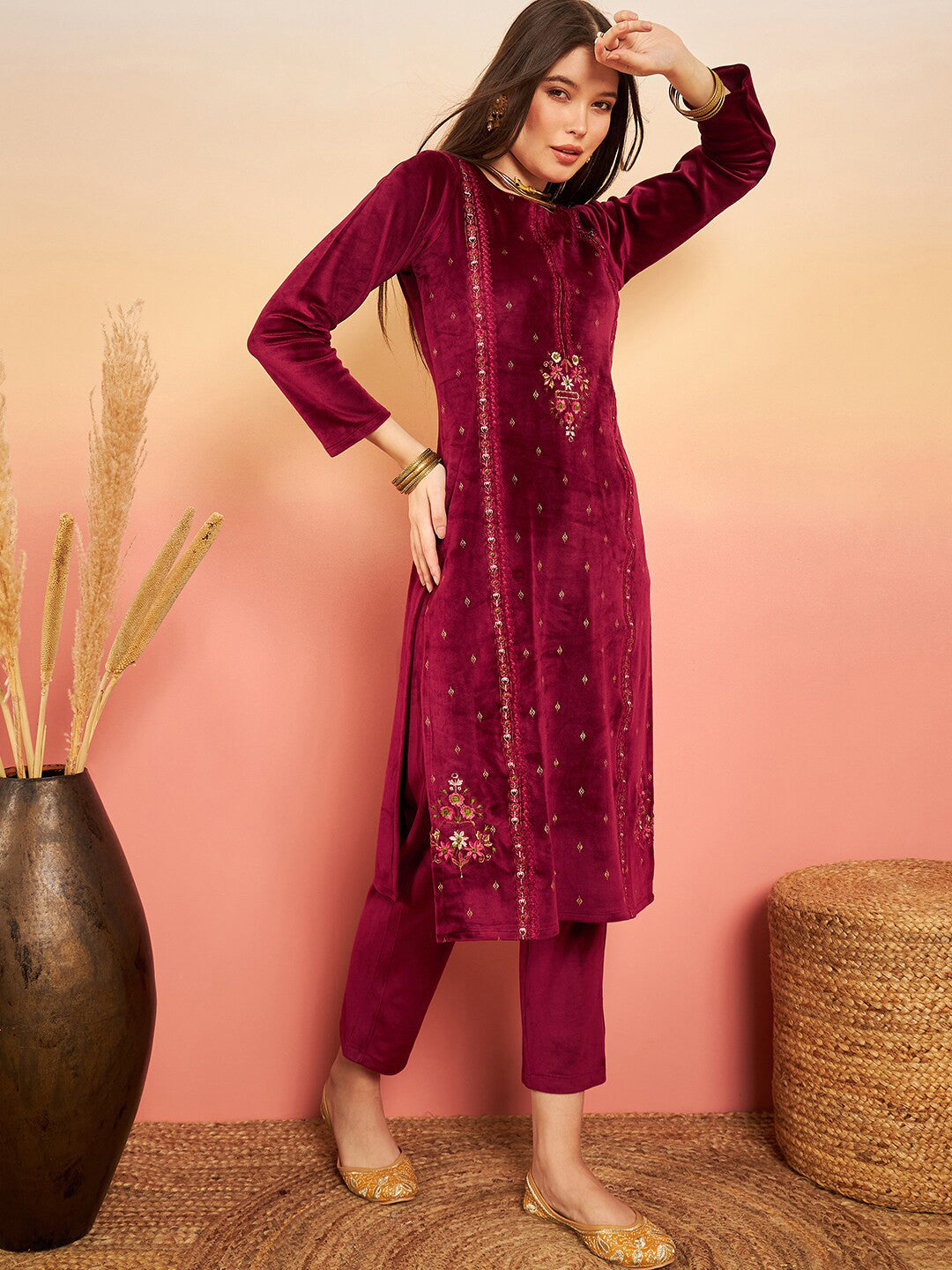 Ethnic Motifs Embroidered Winter Velvet Kurta & Trousers