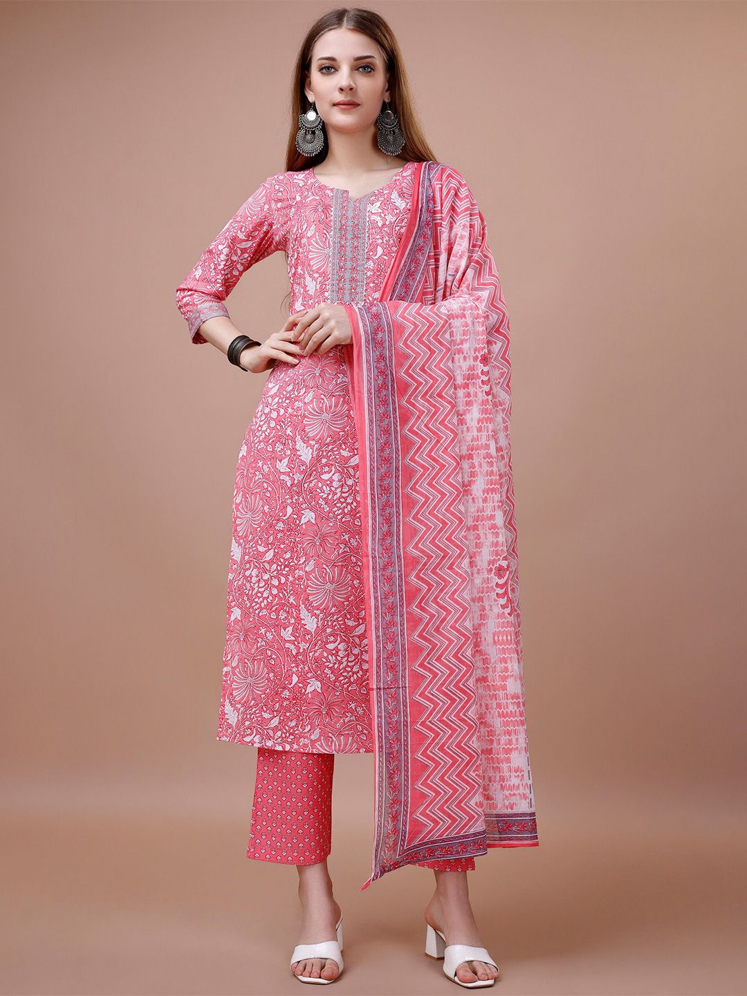 Dhiyona IS Women's Floral Printed Round Neck Pure Cotton Kurta with Trousers & Dupatta