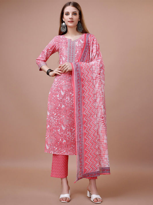 Dhiyona IS Women's Floral Printed Round Neck Pure Cotton Kurta with Trousers & Dupatta