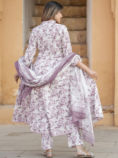 Dhiyona KL V-Neck Floral Printed Regular Thread Work Pure Cotton Kurta Set