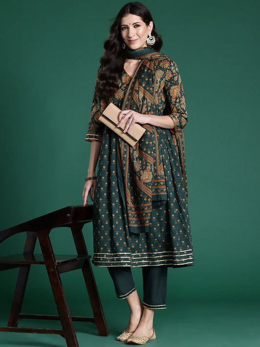 Dhiyona IE Women Ethnic Motifs Printed Empire Gotta Patti Pure Cotton Kurta with Trousers & With Dupatta
