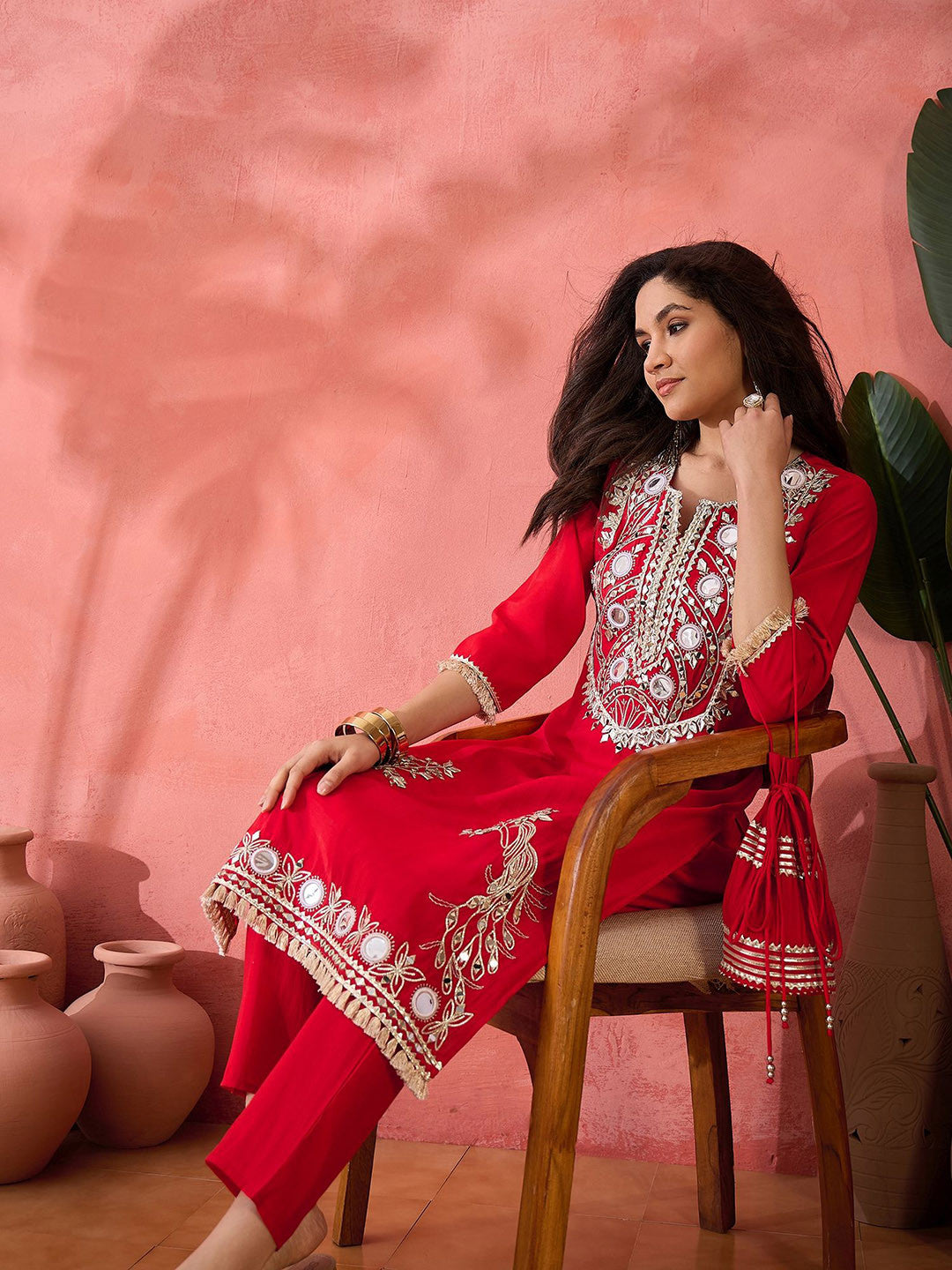 Dhiyona SN Embroidered Straight Kurta & Palazzo With Bag