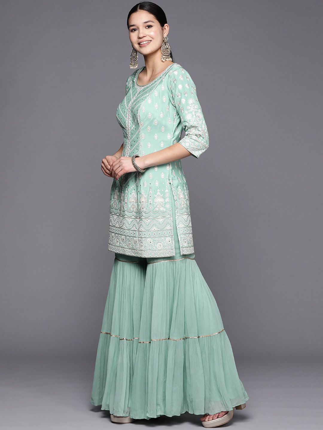 Dhiyona LL Embroidered Regular Pure Silk Kurti with Sharara & Dupatta