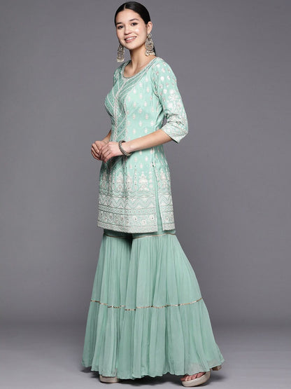 Dhiyona LL Embroidered Regular Pure Silk Kurti with Sharara & Dupatta