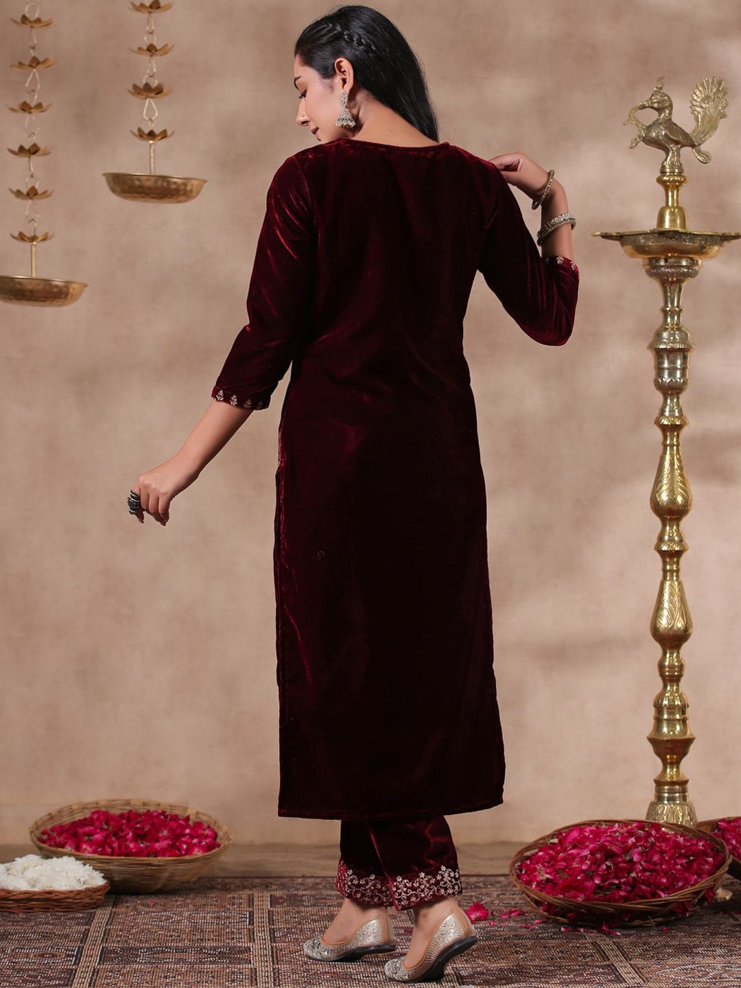 Dhiyona IS Women's Maroon Ethnic Motifs Embroidered Thread Work Velvet Straight Kurta With Trouser
