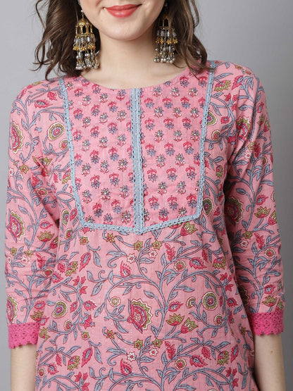 Dhiyona KL Floral Printed Round Neck Pure Cotton Straight Kurta With Trousers & Dupatta