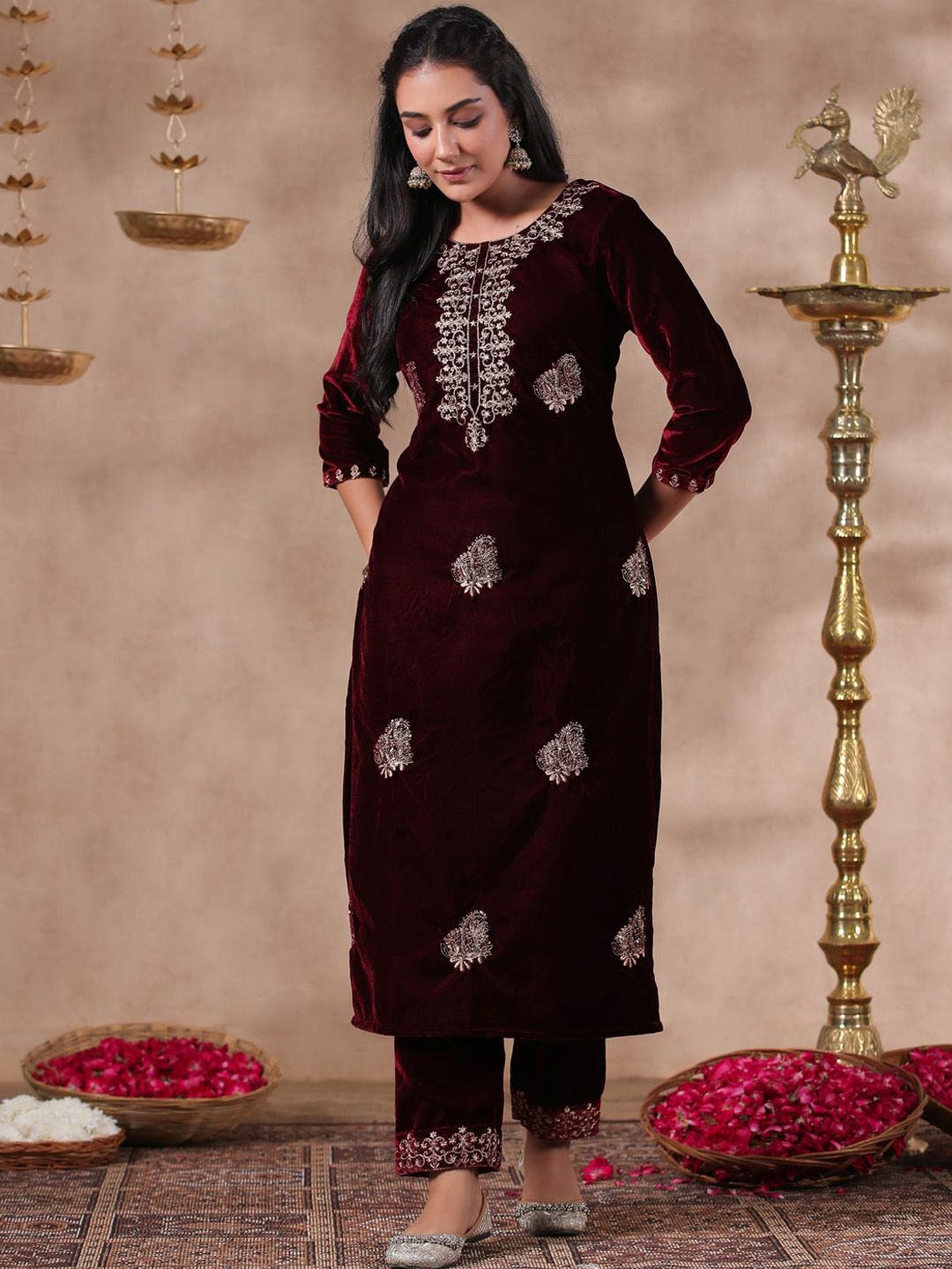 Dhiyona IS Women's Maroon Ethnic Motifs Embroidered Thread Work Velvet Straight Kurta With Trouser