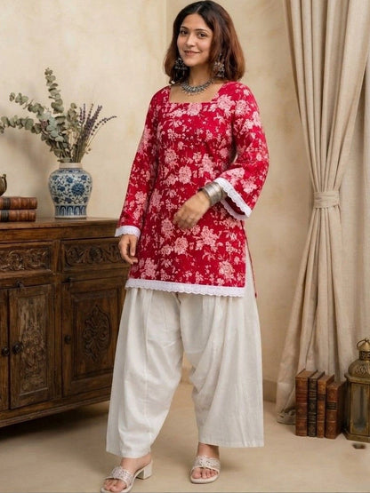 Women Floral Printed Regular Pure Cotton Kurta with farsi salwar