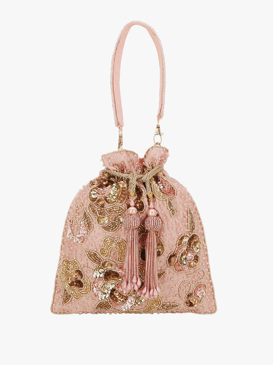 Dhiyona NR Pink & Gold-Toned Embellished Tasselled Potli Clutch