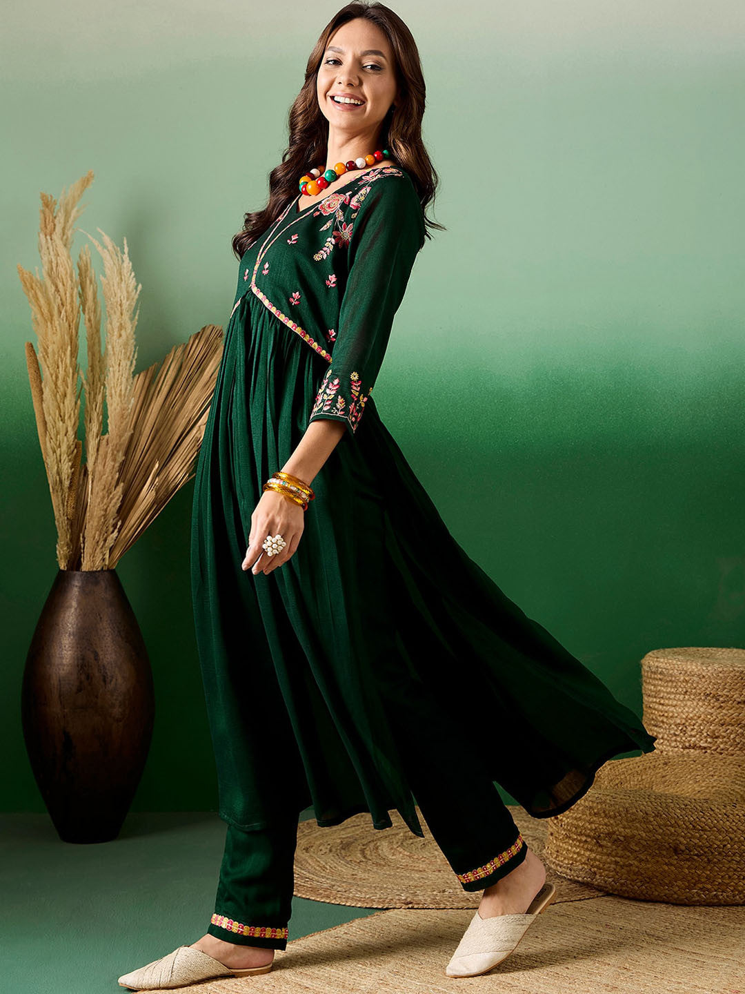 Embroidered A-Line Pleated Kurta With Trouser