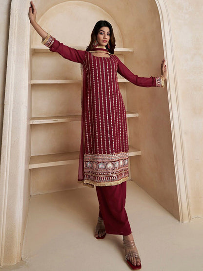 Dhiyona IN Floral Embroidered Thread Work Kurta With Palazzos & Dupatta