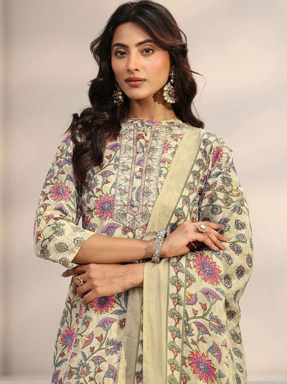 Women Floral Printed Regular Thread Work Kurta with Trousers & With Dupatta