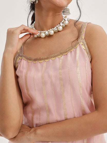 Dhiyona VA Women'sPeach Striped Shoulder Straps Embroidered Empire Kurta with Sharara & With Dupatta