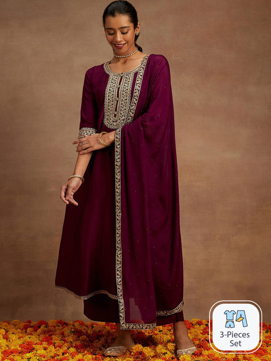Purple Floral Yoke Design Regular Kurta with Palazzos & With Dupatta