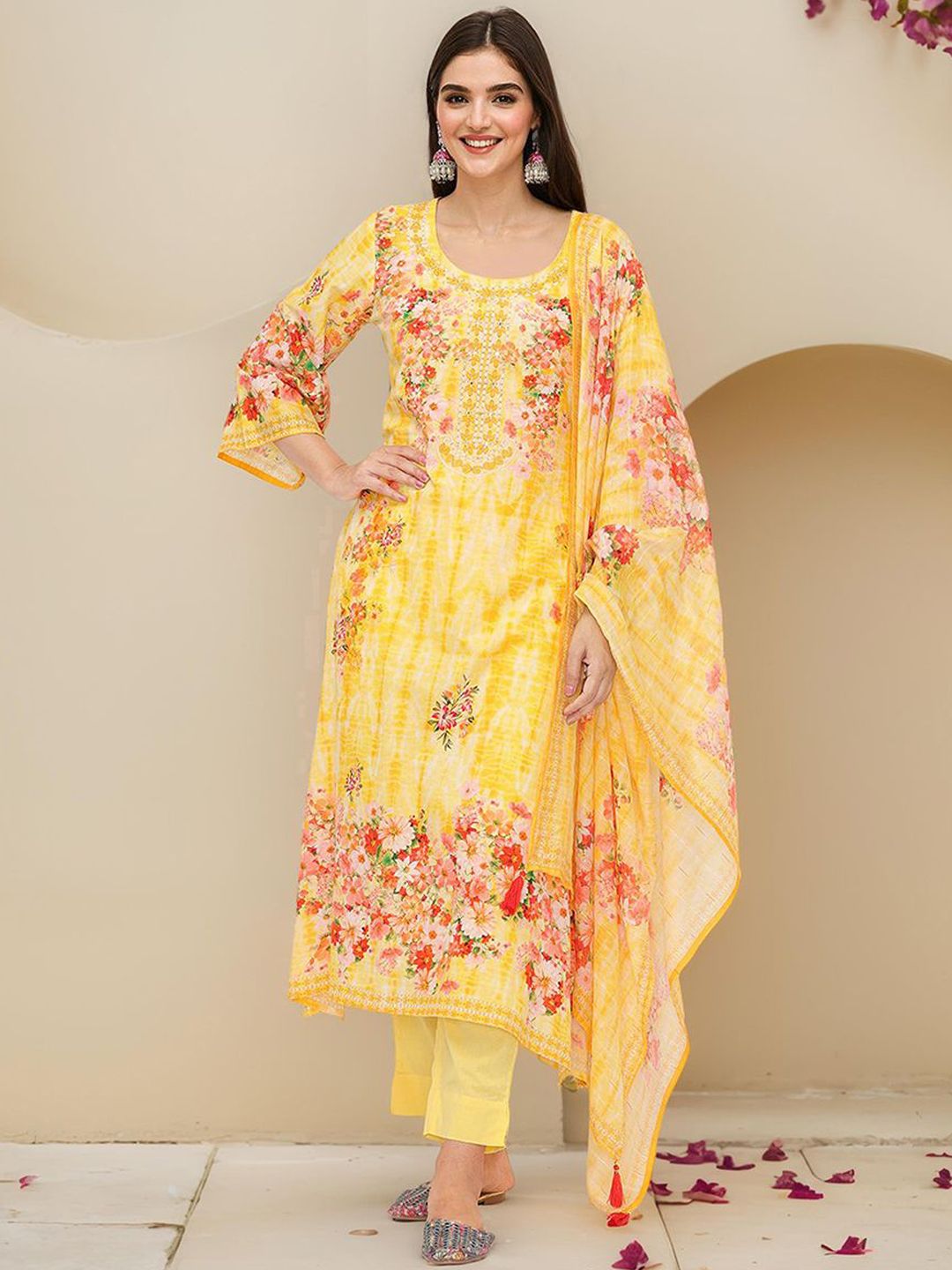 Dhiyona IS Women's Floral Printed Pure Cotton Straight Kurta With Trousers & Dupatta