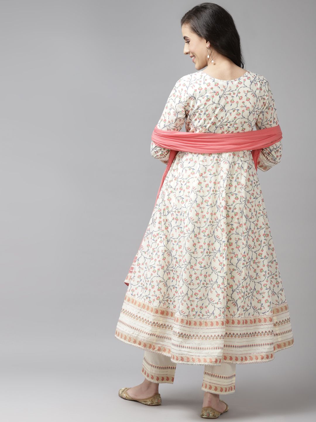 Dhiyona RR Women's Cream-Coloured Printed Pure Cotton Kurta with Trousers & Dupatta