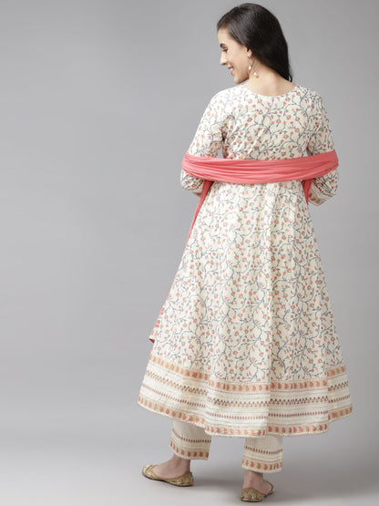 Dhiyona RR Women's Cream-Coloured Printed Pure Cotton Kurta with Trousers & Dupatta
