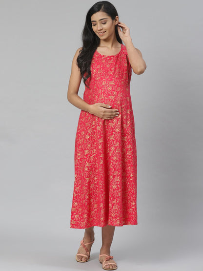 Dhiyona AY Women's White & Pink Pure Cotton Printed Maternity Layered A-Line Dress