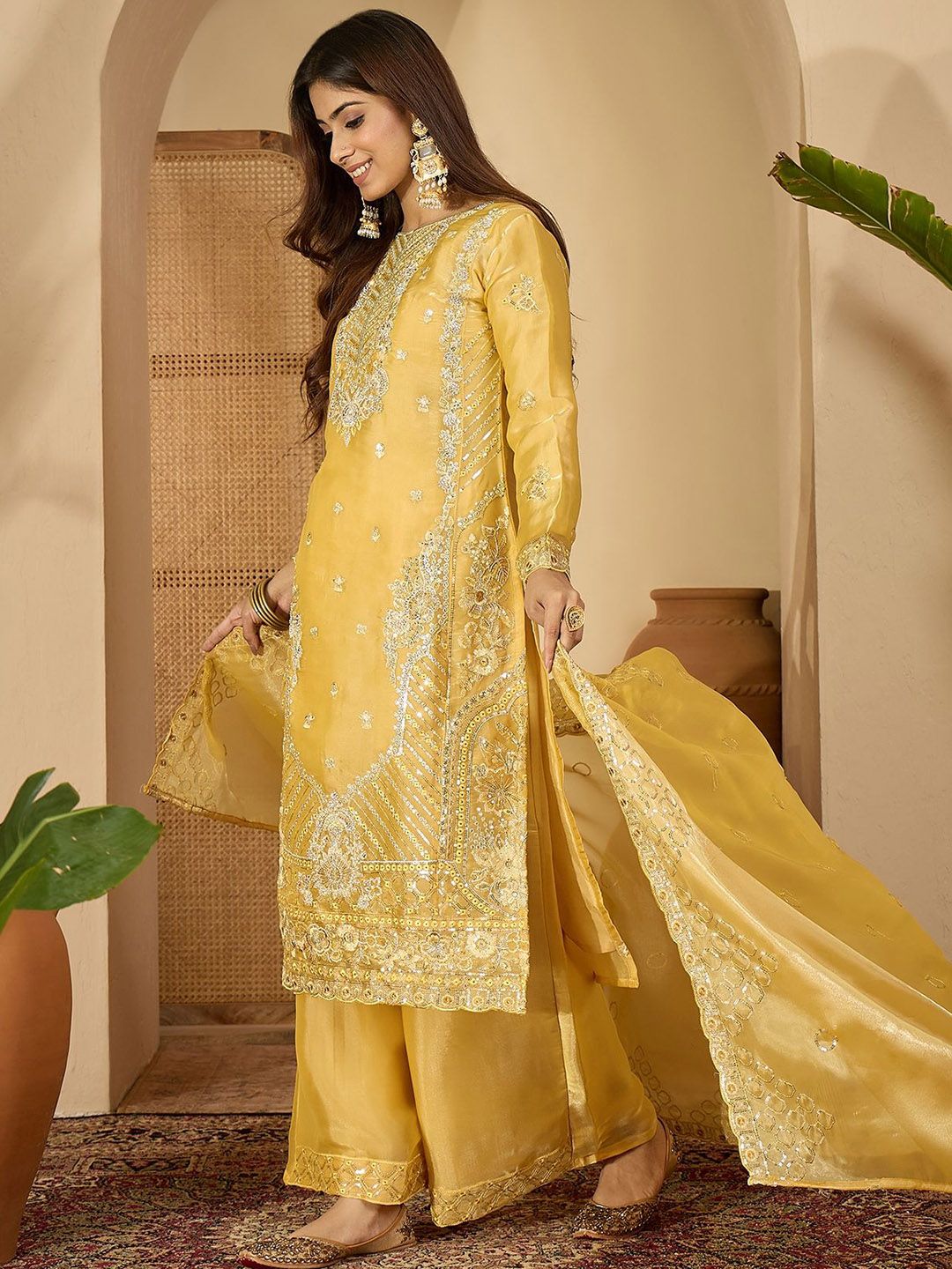 Dhiyona SN Floral Embroidered Sequinned Jimmy Choo Straight Kurta With Palazzo & Dupatta