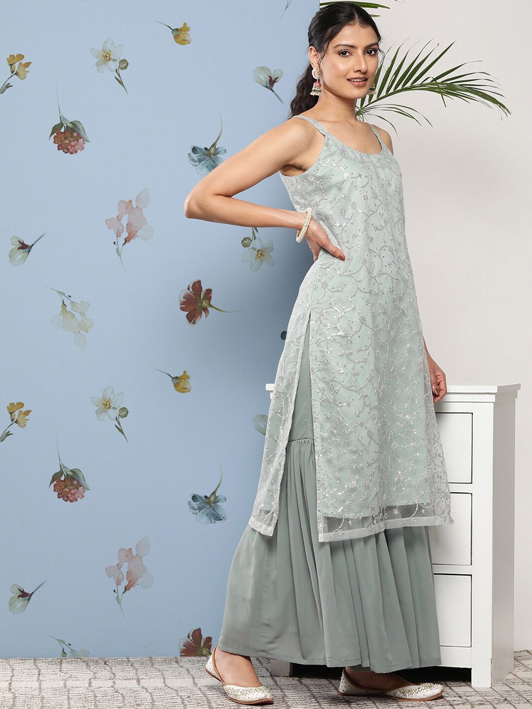 Dhiyona KL Floral Embroidered Regular Sequinned Kurta with Sharara & Dupatta