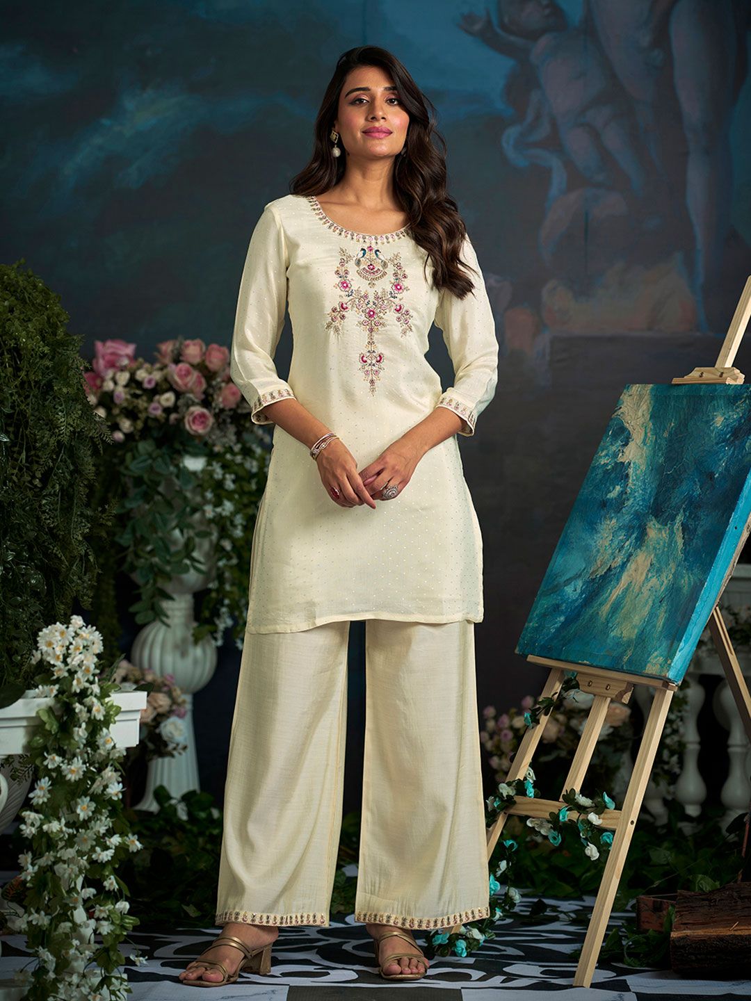 Dhiyona CH Women Floral Yoke Design Kurti with Palazzo