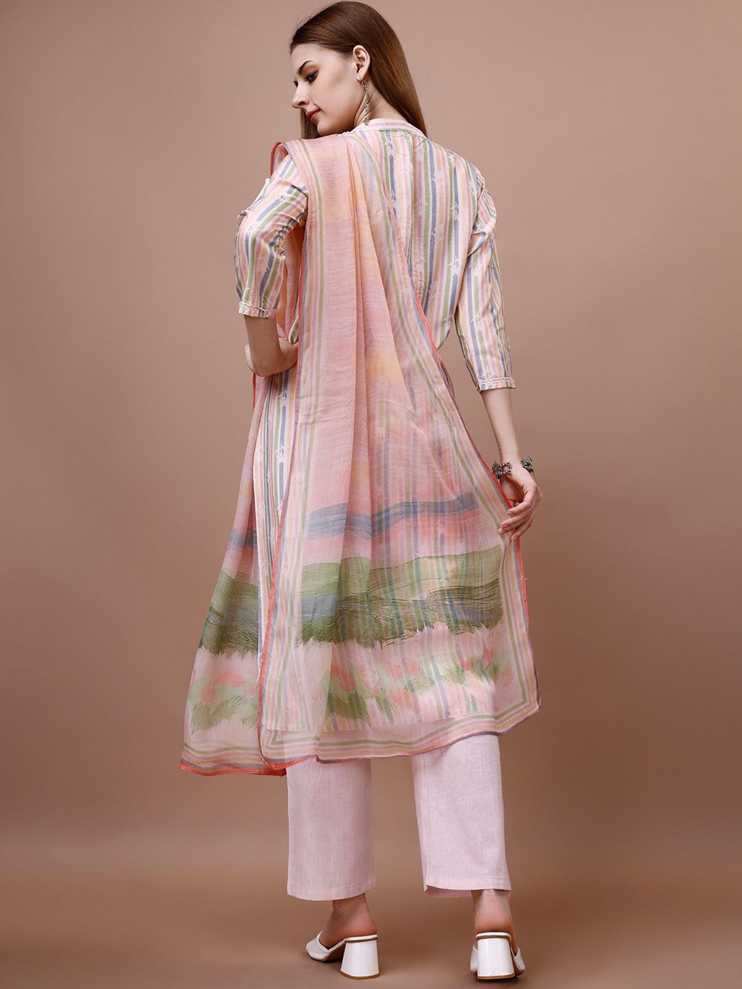 Dhiyona IS Women's Striped Band Collar Thread Work Straight Kurta & Trousers With Dupatta