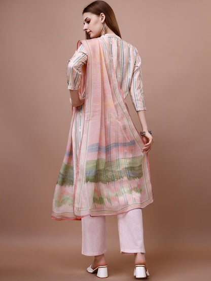 Dhiyona IS Women's Striped Band Collar Thread Work Straight Kurta & Trousers With Dupatta