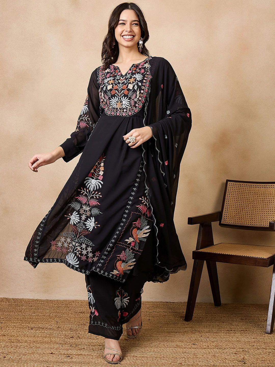Dhiyona KL Floral Embroidered Georgette A-Line Kurta with Palazzos & Dupatta