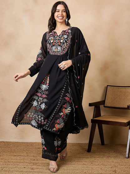 Dhiyona KL Floral Embroidered Georgette A-Line Kurta with Palazzos & Dupatta