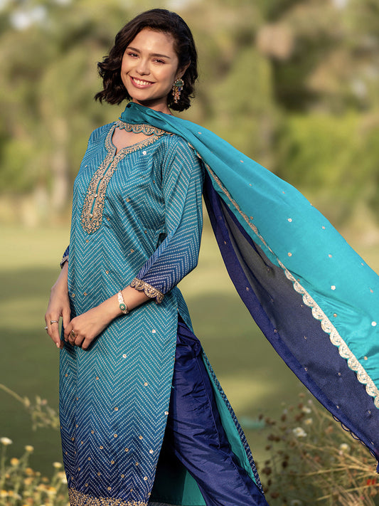 Bandhani Printed Notch Neck Straight Kurta with Trousers & Dupatta