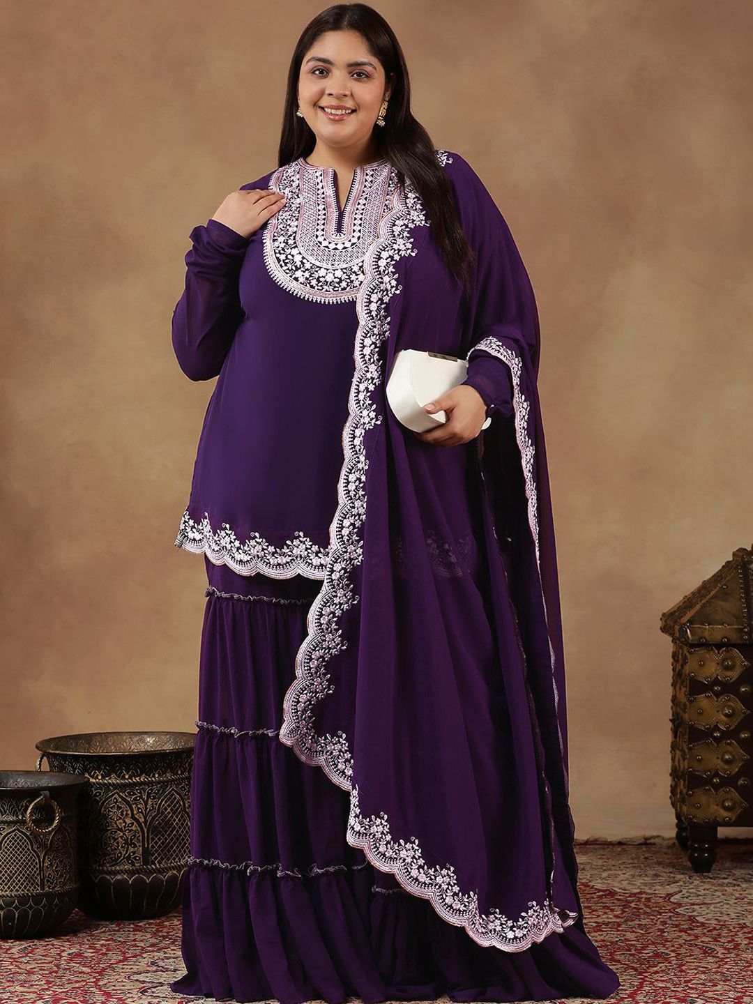 Dhiyona IN Plus Size Floral Embroidered Georgette Straight Kurta With Sharara & Dupatta
